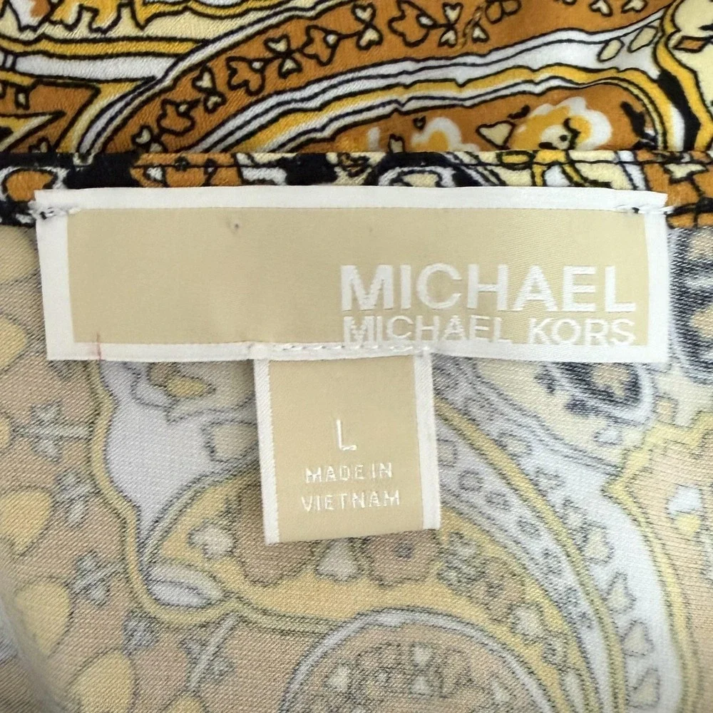 Michael Kors Top Women's L Yellow Boho Floral Metal Lattice Logo Sleeve Shirt